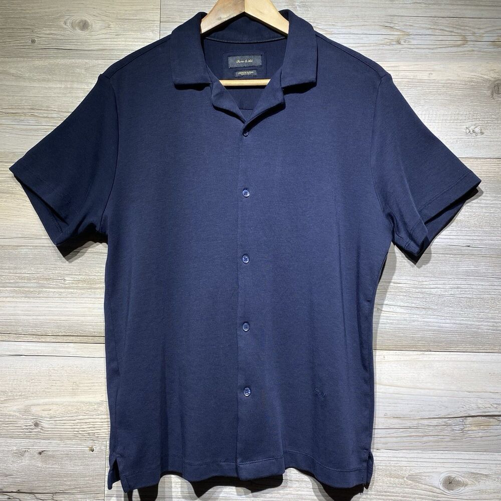 Porter & Ash Supima Cotton Button Front Shirt Men’s Medium Navy Blue Camp Preppy